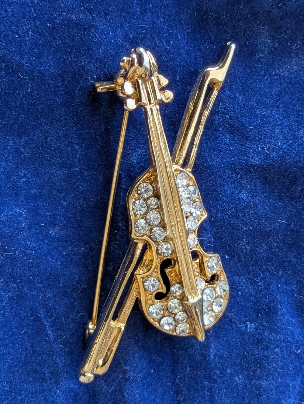 Vintage Music Violin Brooch / Pin Gold Color With Rhinestones